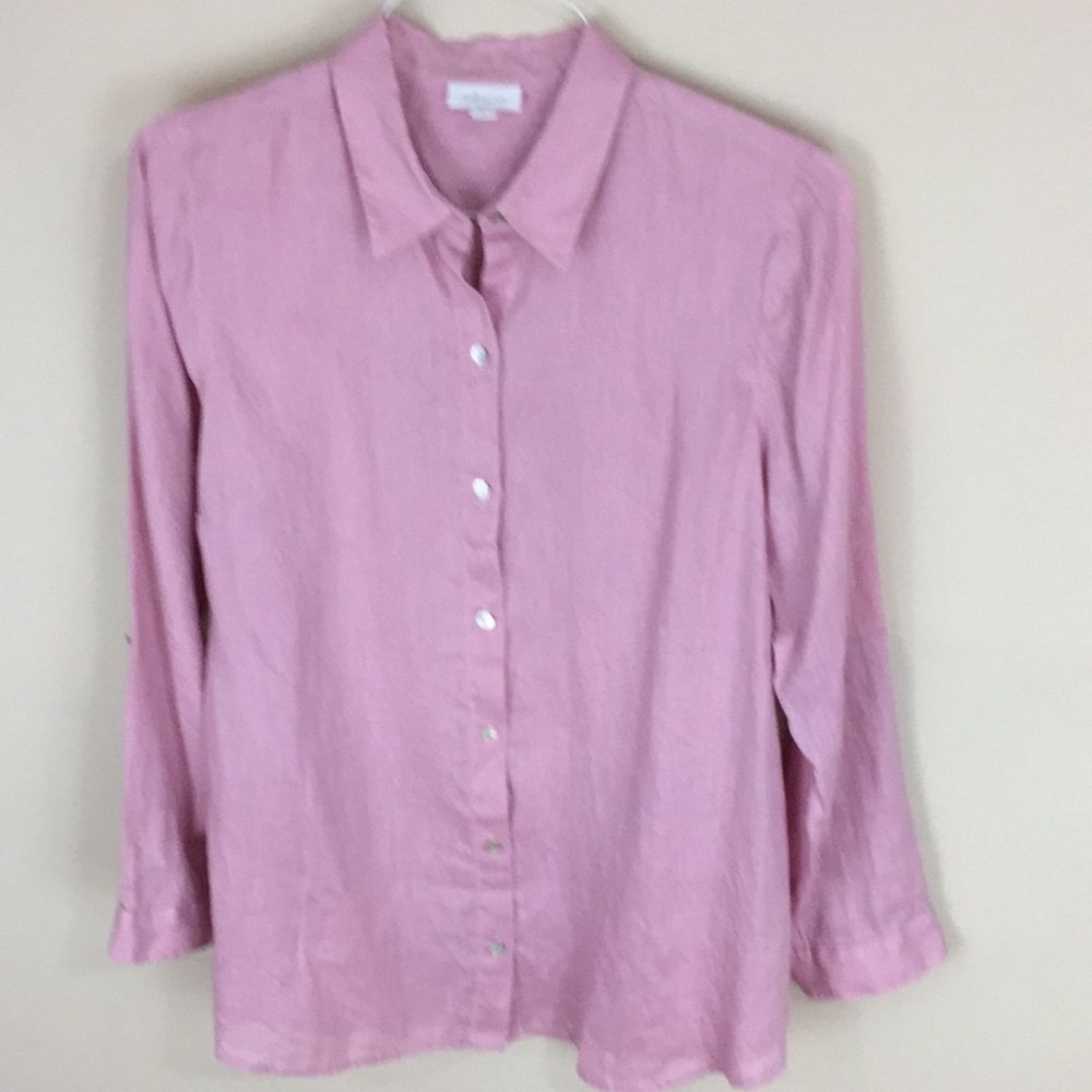 J Jill Pink Love Linen Button Down Long Sleeve Shirt will roll up Tabs Medium
